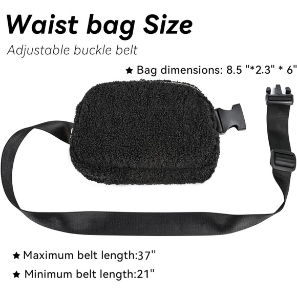 Fleece belt bag women sherpa crossbody waist bag adjustable strap black - Picture 4 of 8